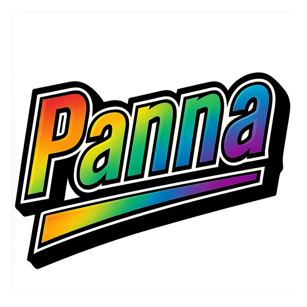 The name 'Panna' in modern, precise Hungarian letters with a rainbow gradient fill, extra thick white letter border, dark contour, transparent background, dynamic slanted underline, in the style of the reference samples. sticker