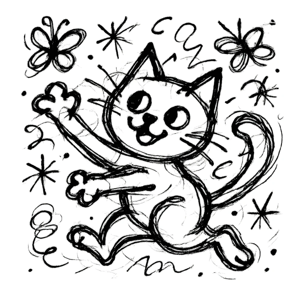 cute cat playfully chasing butterflies with wild scribbled lines and whimsical details sticker
