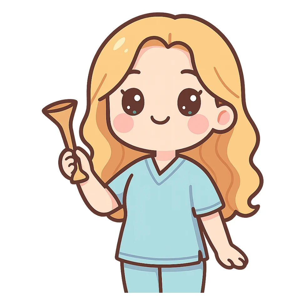 A kawaii style girl with appearance and clothing as in the reference, holding an obstetric stethoscope in one hand, the other hand down, posed in three quarters. Detailed shadows and highlights, thin clean contours, soft rounded shapes, pastel palette #98B5BC, #B5B3C1, #C9A3C9, #E4C0CA, #F7DCD1, #F7C0AA, soft lighting, transparent background, no decorative elements. sticker