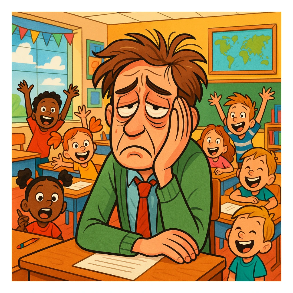 digital cartoon art of a exhausted teacher in a bustling classroom sticker