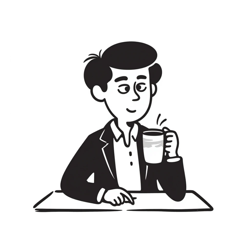 Office boss sitting at desk with coffee mug, looking authoritative sticker