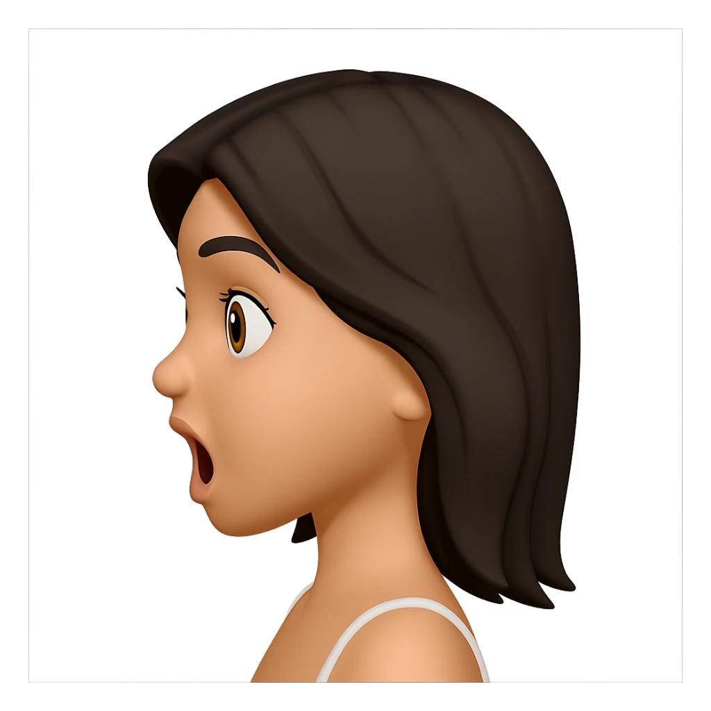 Create a side profile view of this girl's head in Apple emoji style with a surprised expression, 3D look, and soft shading on a transparent background. Maintain the Apple emoji style characteristics with a 3D appearance and soft shading. sticker