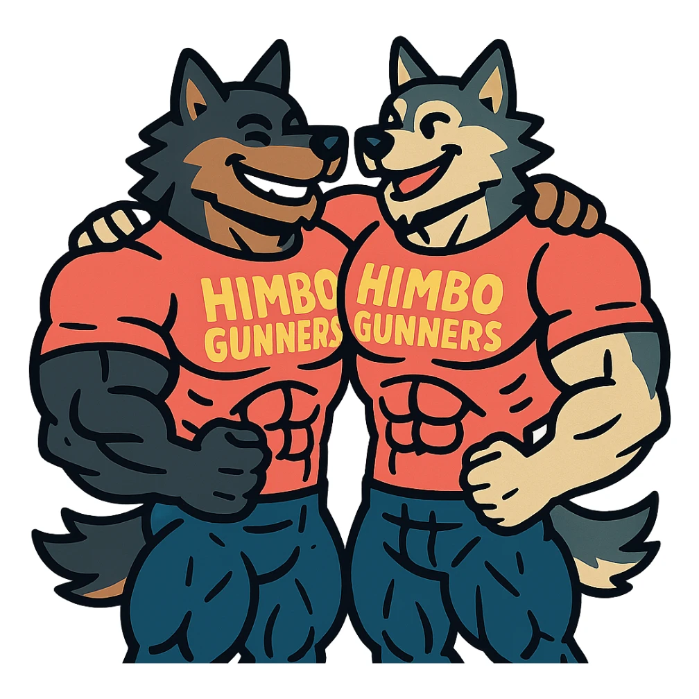 two super buff wolf furries with matching 'Himbo gunners' t-shirts, hugging, happy and confident, exaggerated muscle definition sticker