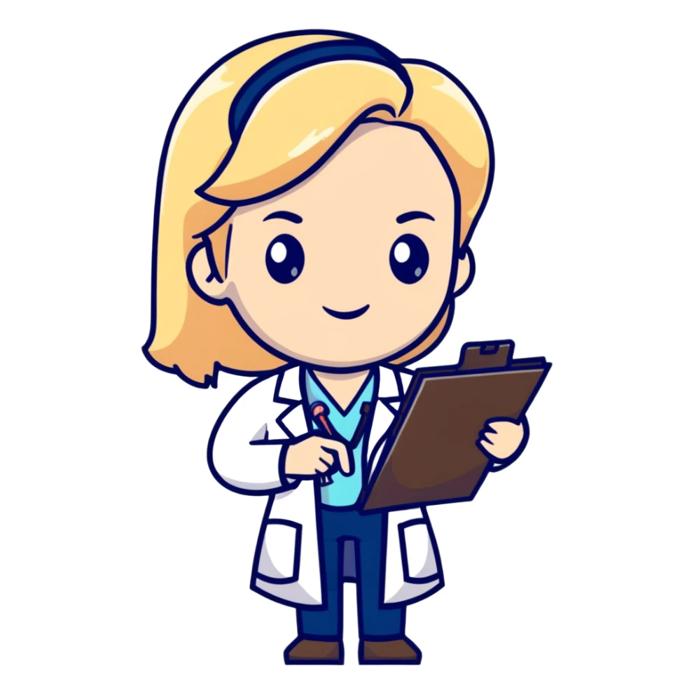 blonde female doctor in white coat with clipboard sticker