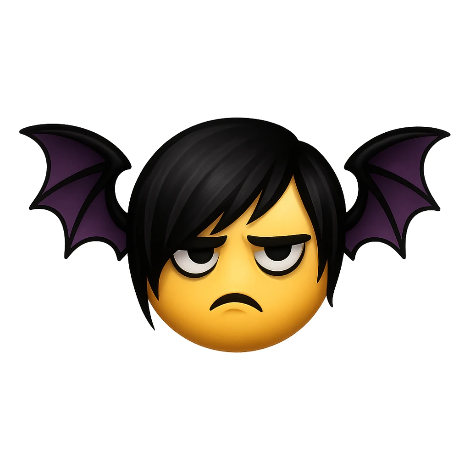 emo emoji, black and purple bat, moody and dramatic, no background sticker
