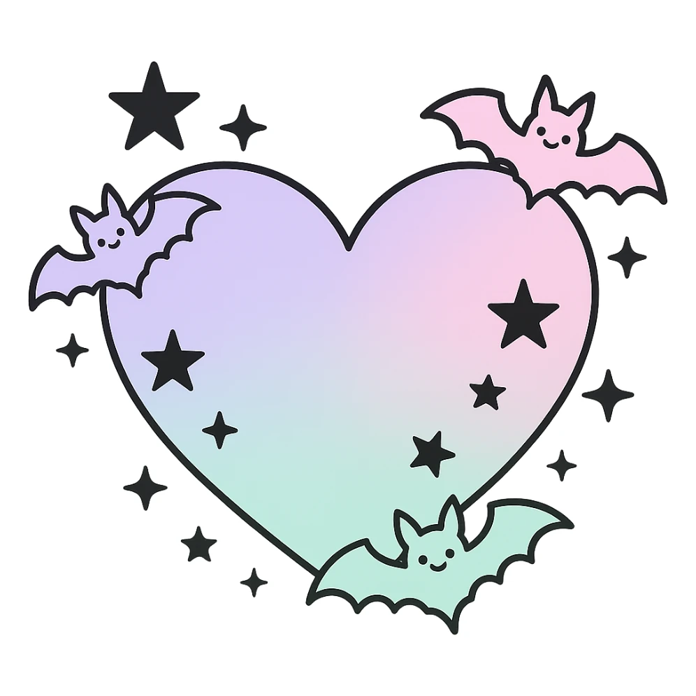 pastel goth heart with pastel bats and black stars ,remove background sticker