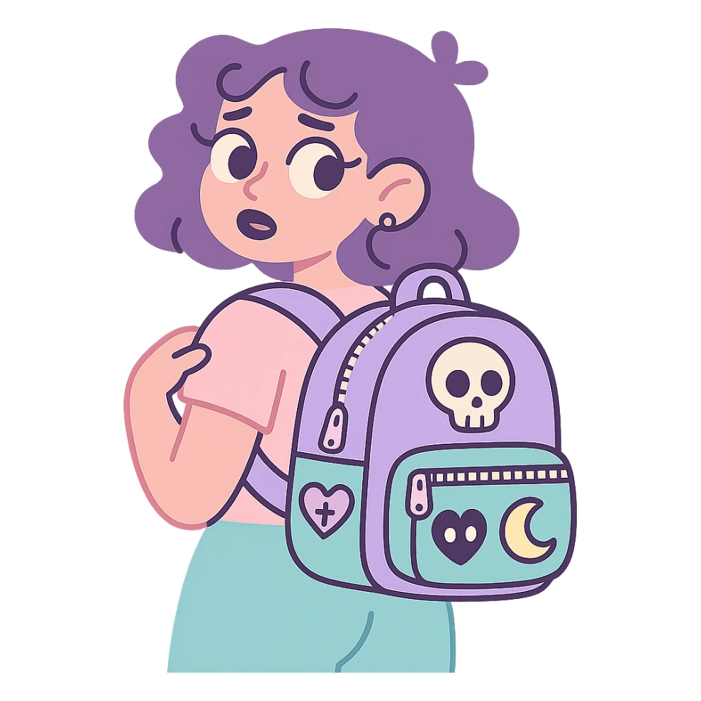 pastel goth backpack, pastel colors, silver zippers, cute gothic motifs sticker