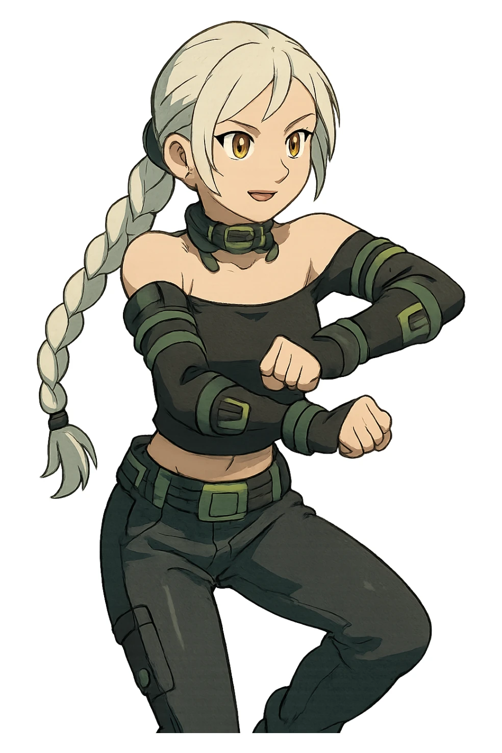 1 female, gold yellow eyes, long white braid, black off shoulder top, futurepunk cybergoth doing “oppa gangnam style”  dance sticker