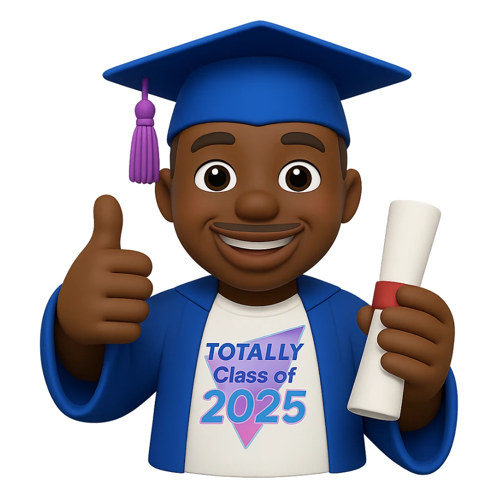 Create a cool emoji based on the person in the reference photo, wearing a graduation outfit, holding a diploma in one hand and giving a thumbs up with the other, in a 3D cartoon style. Background should be transparent. sticker