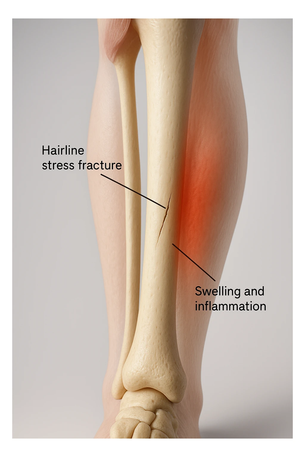3D realistic medical illustration: a close-up of a human lower leg (tibia), showing the bone with a visible hairline stress fracture. The surrounding soft tissue is semi-transparent, highlighting mild swelling and inflammation. Educational labels point to the fracture site. The background is clean and clinical, with a subtle gradient. sticker