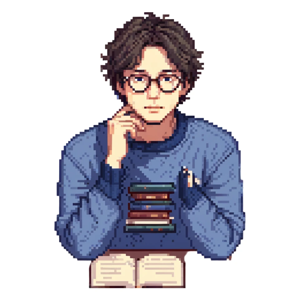 Flat pixel are, calm and curious male thinker, light skin, short tousled dark hair, round glasses, focused expression, wearing an indigo sweater, seated at a desk with open books, one hand resting under his chin in thought, waist-up, front-facing sticker