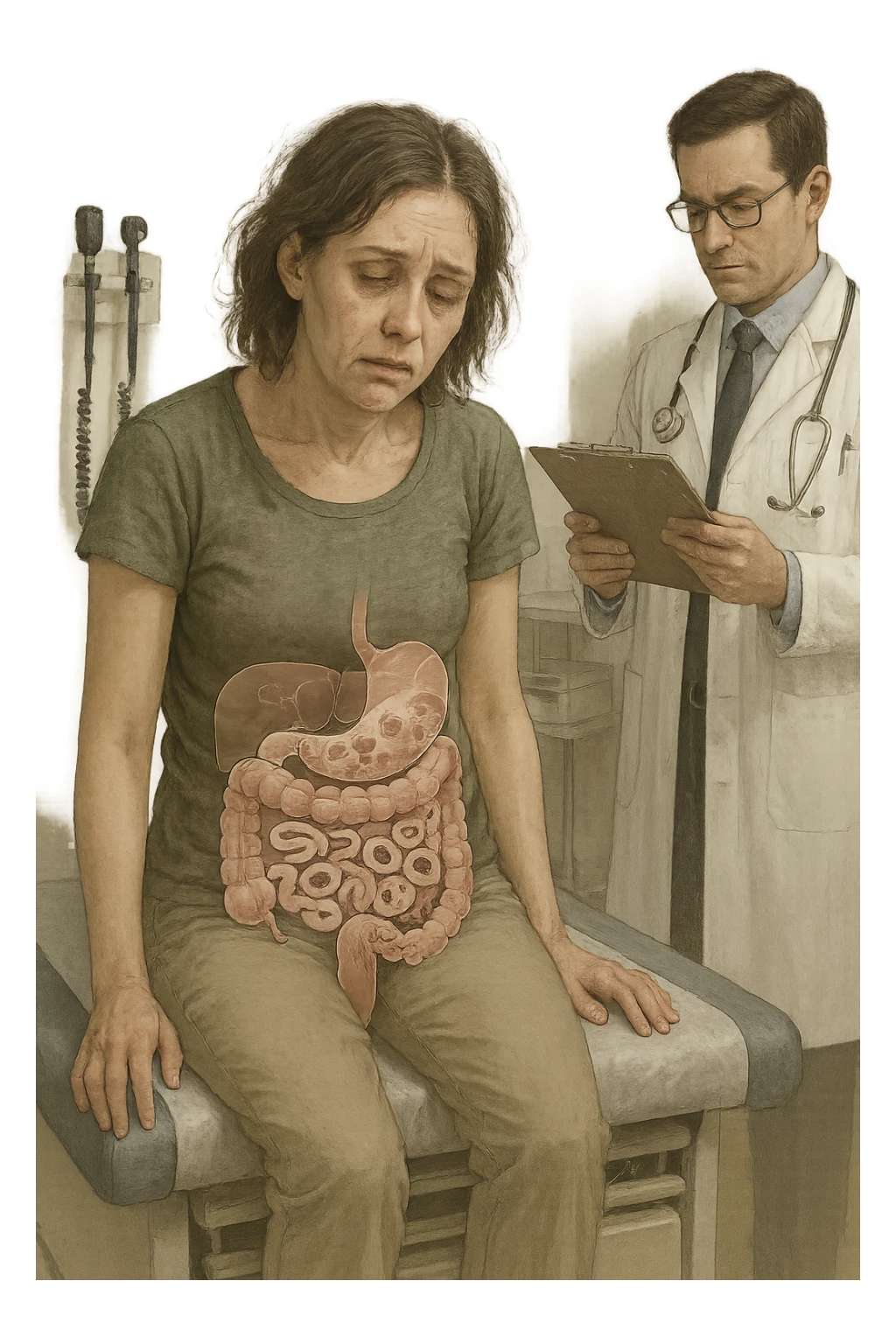 a woman in her 30s sits slumped on a doctor’s examination table, her face pale and eyes sunken with deep fatigue. A transparent overlay on her abdomen reveals stylized images of internal parasites, such as worms or protozoa, inside her digestive tract. The doctor stands nearby, reviewing medical charts. The mood is clinical and educational. sticker