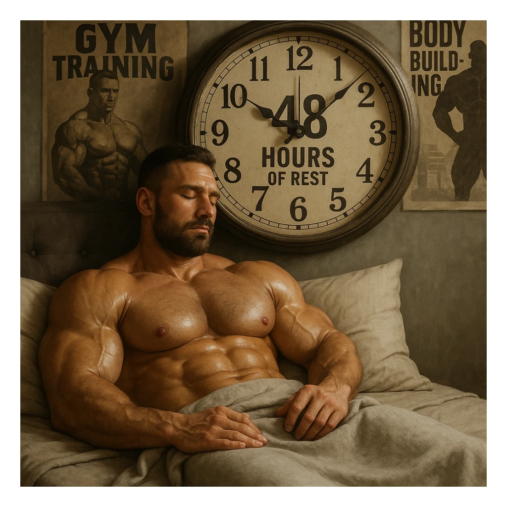 realistic style muscular bodybuilder resting in a bed, gym posters in the background, large clock indicating 48 hours of rest sticker