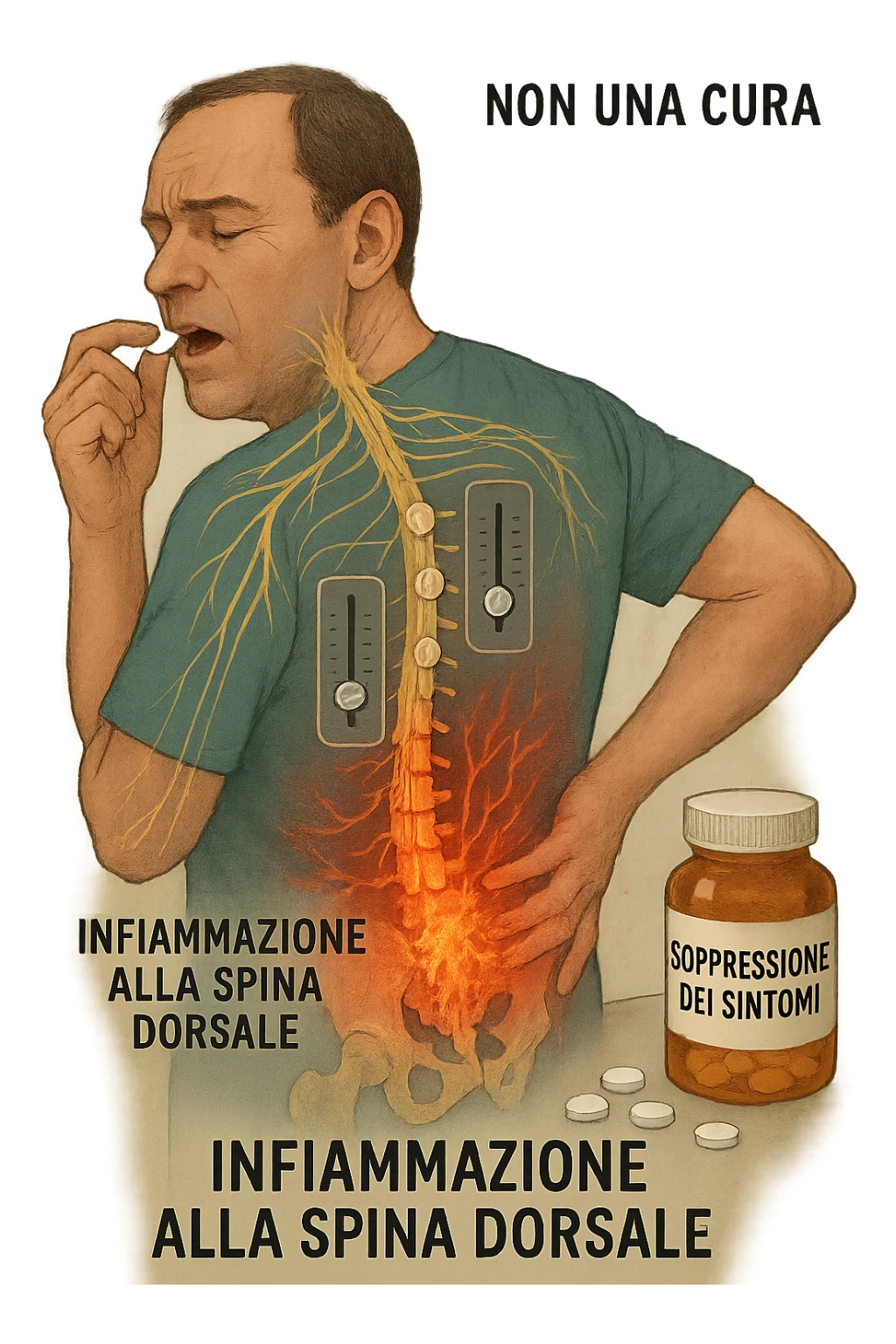 Man taking pain medication for chronic back pain, pills shown as dimmer switches turning down pain signals in transparent nervous system overlay, underlying spinal damage remaining completely untreated and worsening, expression of temporary relief masking progressive deterioration, medication bottle labeled 'symptom suppression' not 'cure', root cause inflammation continuing to spread in italiano sticker