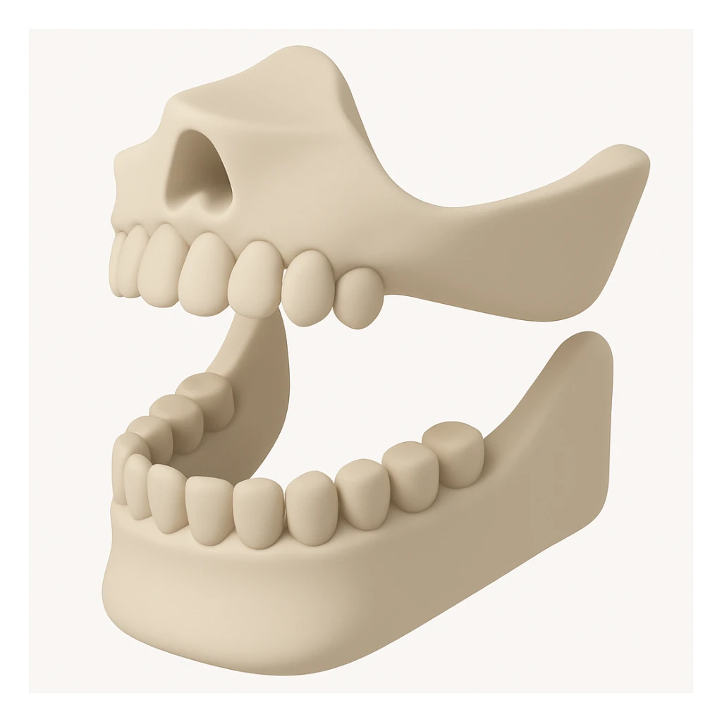 A human jawbone in a minimalist 3D style, focusing on the basic shapes and structure of the teeth. sticker