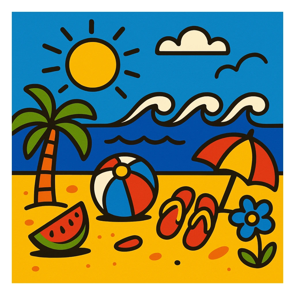 summer scene with sea and sun, vibrant colors, playful style sticker