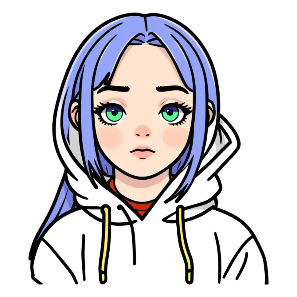 8k, 5000x5000px resolution, clean, smooth, thin lines, ultra detailed, hyperrealism, celebrity, singer Billie Eilish 2024. Glossy appearance, clean thin lines, vivid, clean appearance. Bright vivid bold eyes sticker