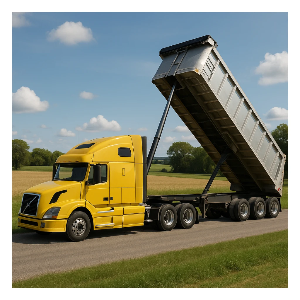 long silver end dump trailer hooked to a Volvo yellow semi sleeper truck, trailer in dump position, photorealistic daytime country scene with fields, trees, and a quiet road, truck facing left sticker
