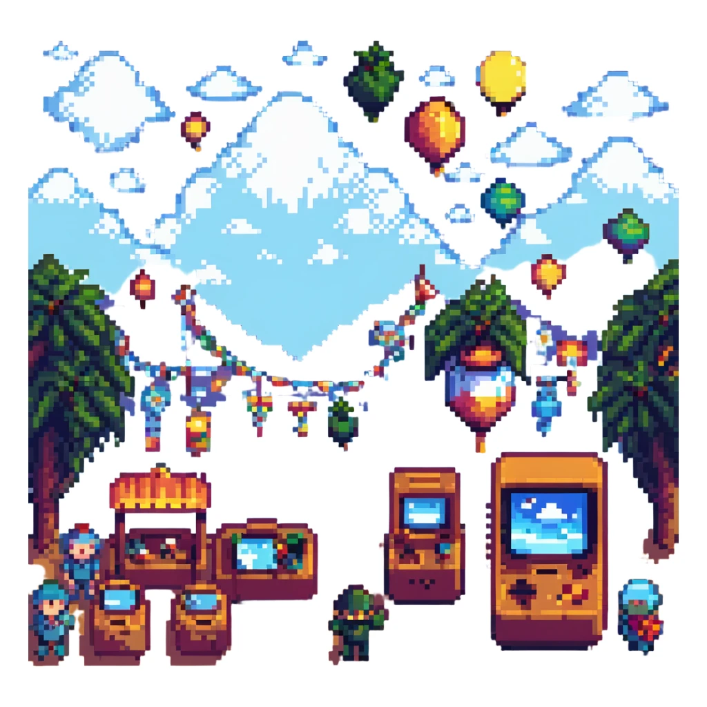 A pixelated festival scene with retro games, pixel art characters, and a digital sky sticker