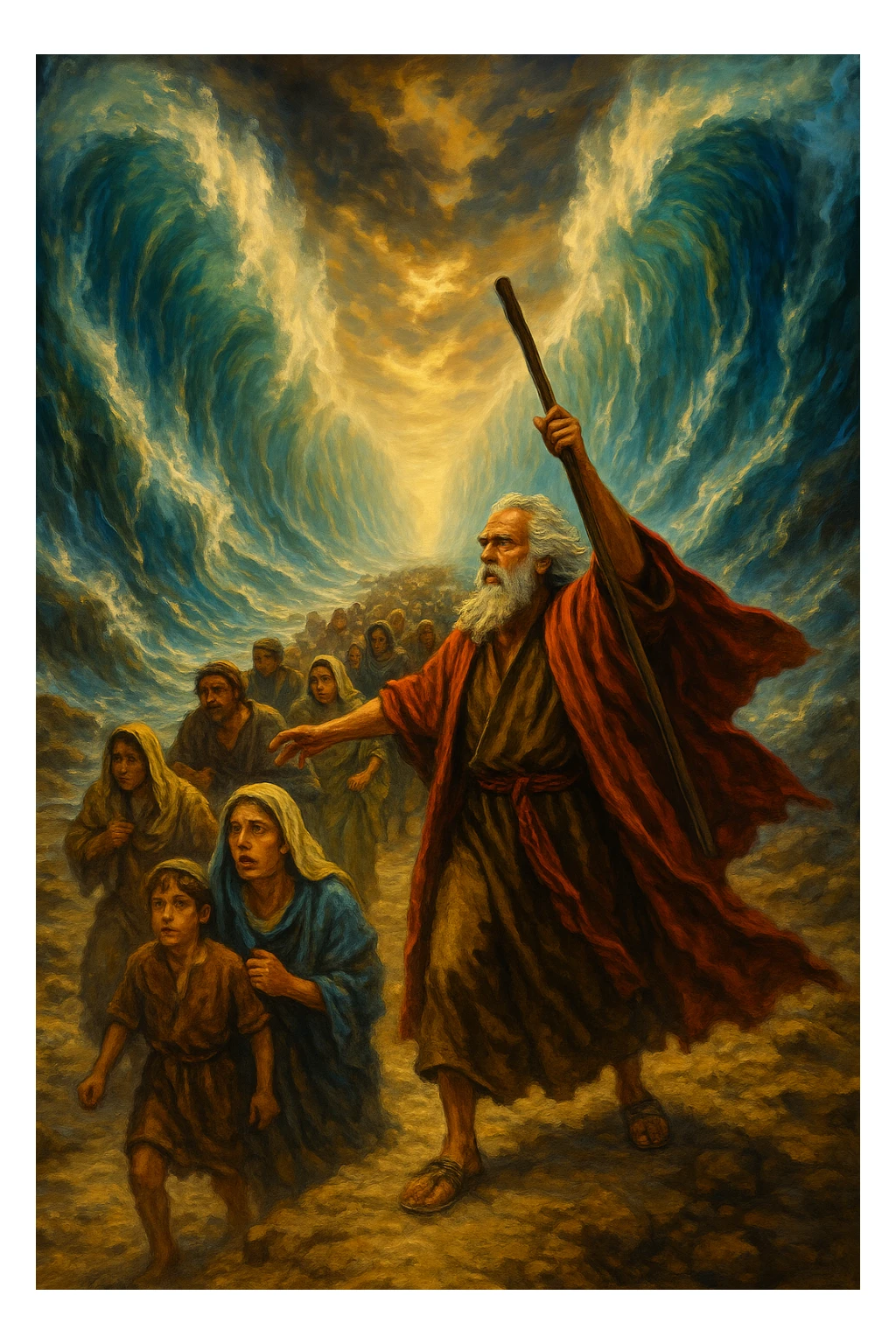 Moses parting the Red Sea, dramatic moment, water split, people crossing, biblical scene, vibrant colors sticker