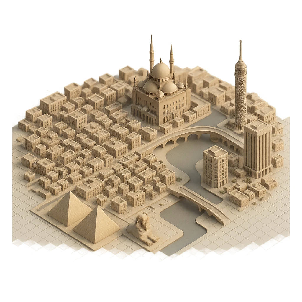Isometric minimalistic illustration of Cairo, subtle 3D miniature effect and Tilt Shift effect, no cartoonish look, transparent background. sticker