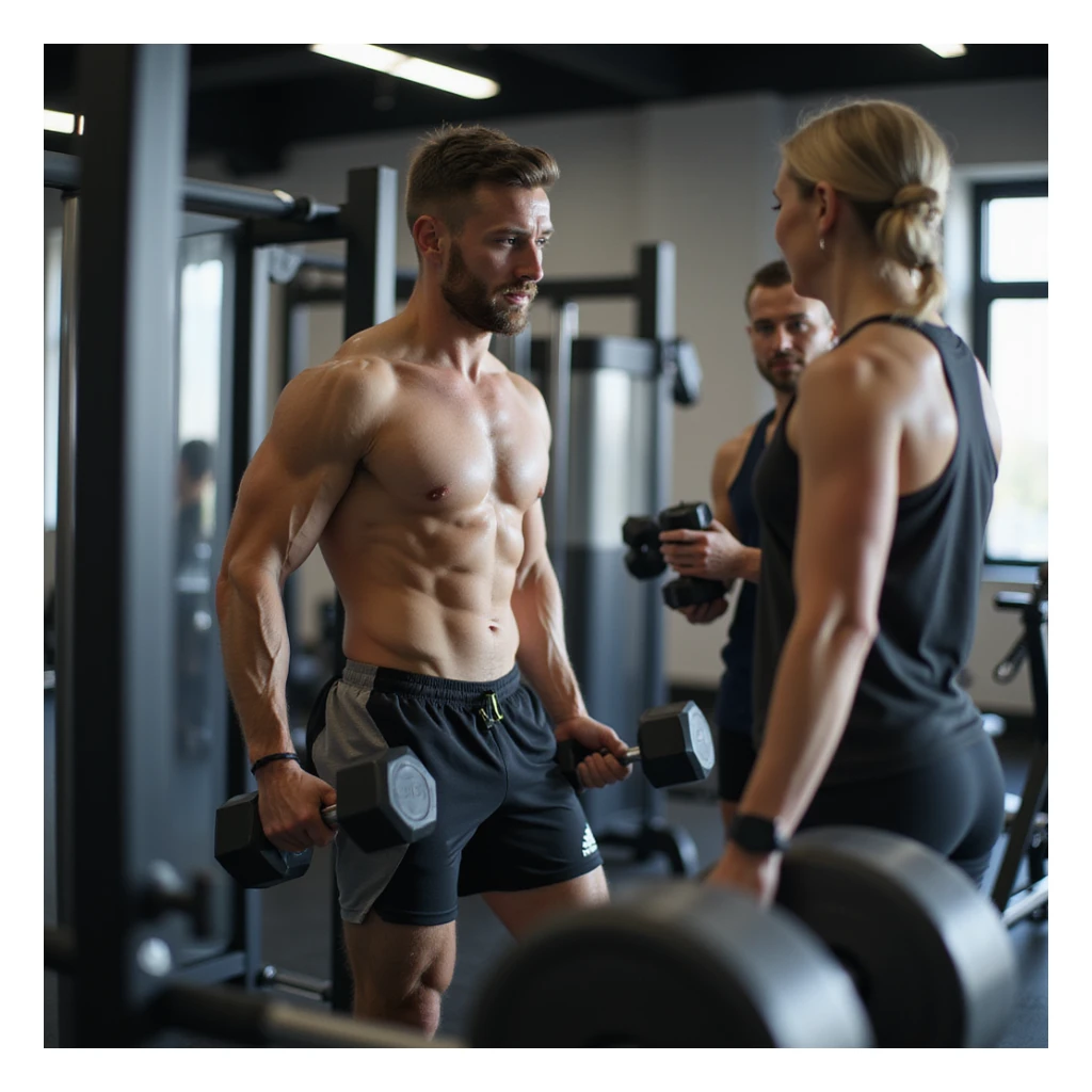 man in gym, wearing sportswear, alternating exercises between isotonic machine and dumbbells, personal trainer observing and advising, atmosphere of learning, realistic details, modern gym background, 4K quality sticker