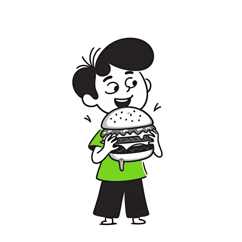 kid eating a burger, wearing a green t-shirt, hand drawn doodle style sticker