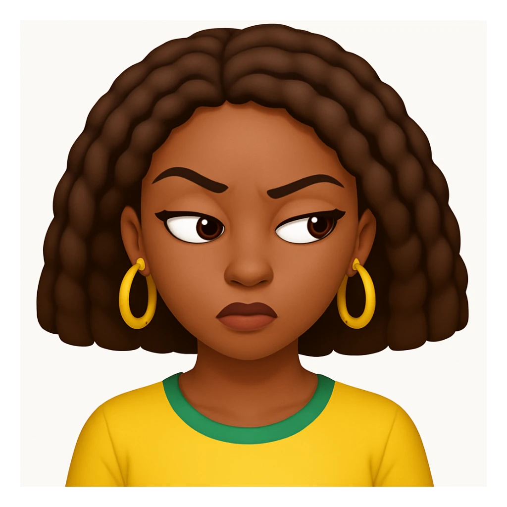 Make the Jamaican woman's side eye expression sassier. The original style is emoji style, but since emoji style does not support editing, please keep the look consistent while enhancing the sassiness of the expression. sticker