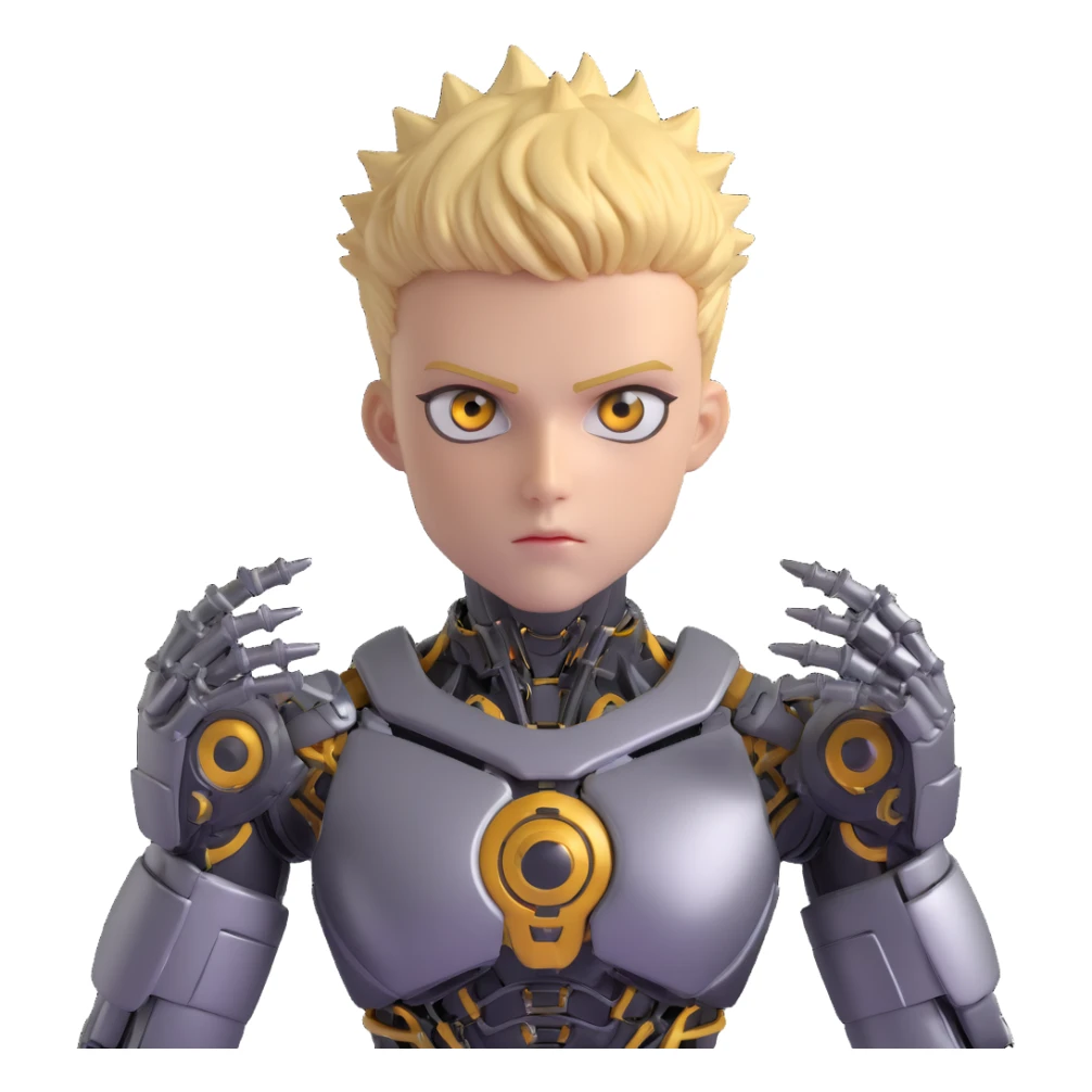 Genos from One Punch Man, android cyborg with spiky blond hair, metallic arms, intense eyes, compact and expressive, no text sticker