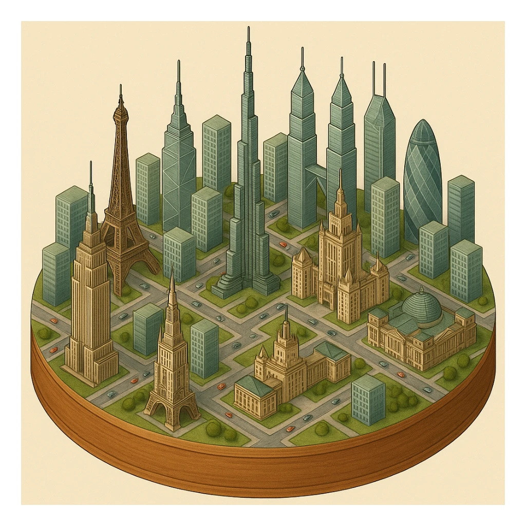 Оставь основу картинки - деревянную подставку, но при этом сгенерируй изометрическую модель города где будет самые узнаваемые здания мира Эмпайр Стейт Билдинг, Эйфелева башня, здание МГУ, Бурдж-Халифа, Башни Петронас, Небоскрёб Фостера в Лондоне, Рейхстаг, Тайбэй sticker