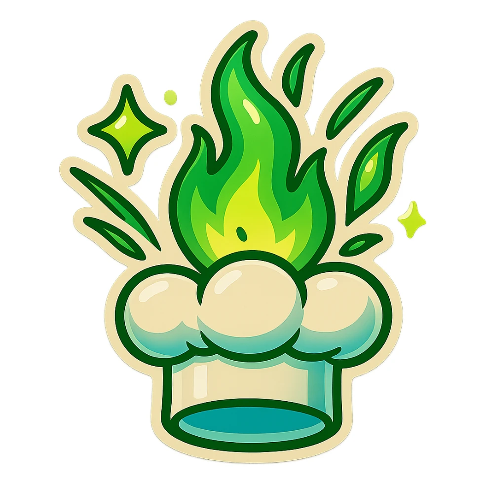 chef's hat explode with trails of fires, emoji, playful, magic flame green gradient, vibrant, flame matching style reference file sticker