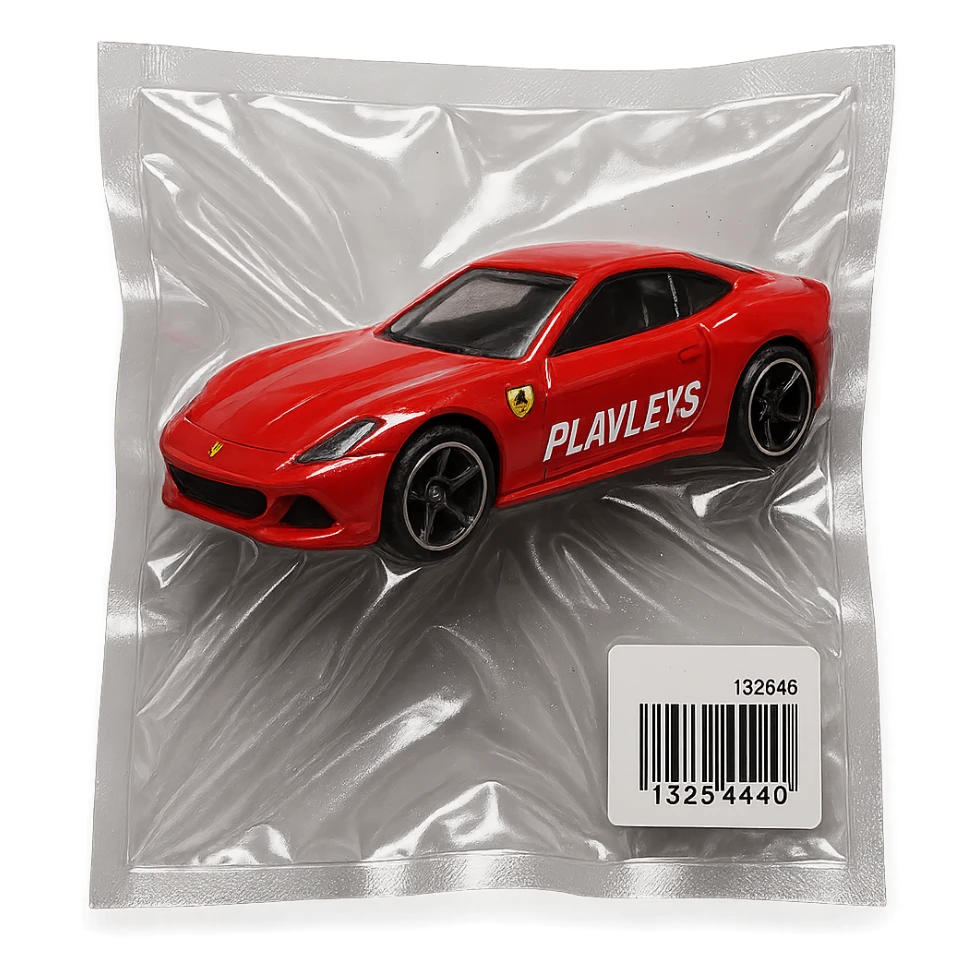 red Ferrari Hot Wheels car in packaging, 'PLAVLEYS' in italic racing font on the side, glossy and puffy vacuum-sealed style sticker
