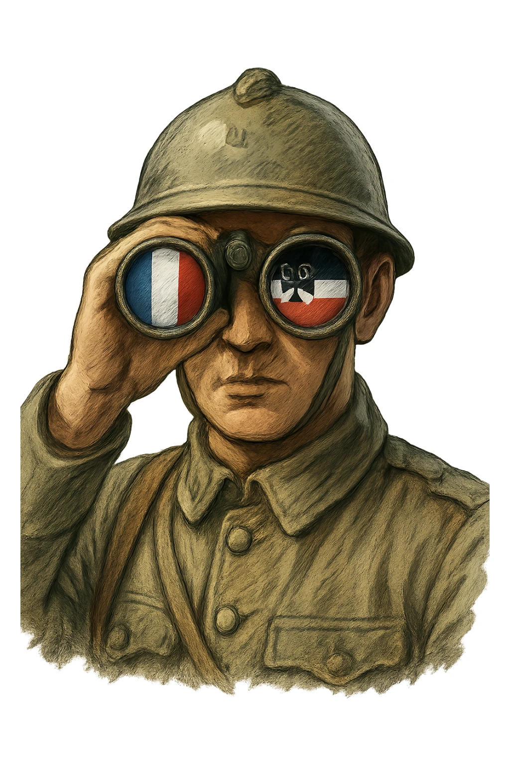 Военный времен Первой мировой смотрит прямо на зрителя в бинокль в одной линзе отражается французский флаг, в другой флаг Германской империи, слегка рисованный, но при этом объемный стиль, прозрачный фон sticker