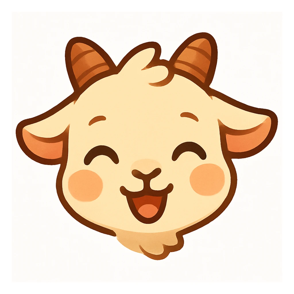 Keep the chibi goat head shape and crop from the previous iteration with the pink flower, but use the joyful expression, no flower, looking up at the viewer, slight blush, white background, designed for a small emote. sticker