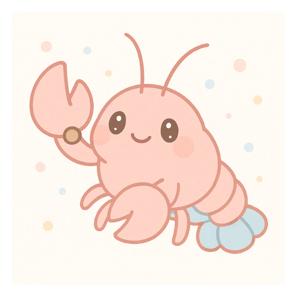 plump crayfish with a pellet in its claw, cute style, adorable and charming sticker