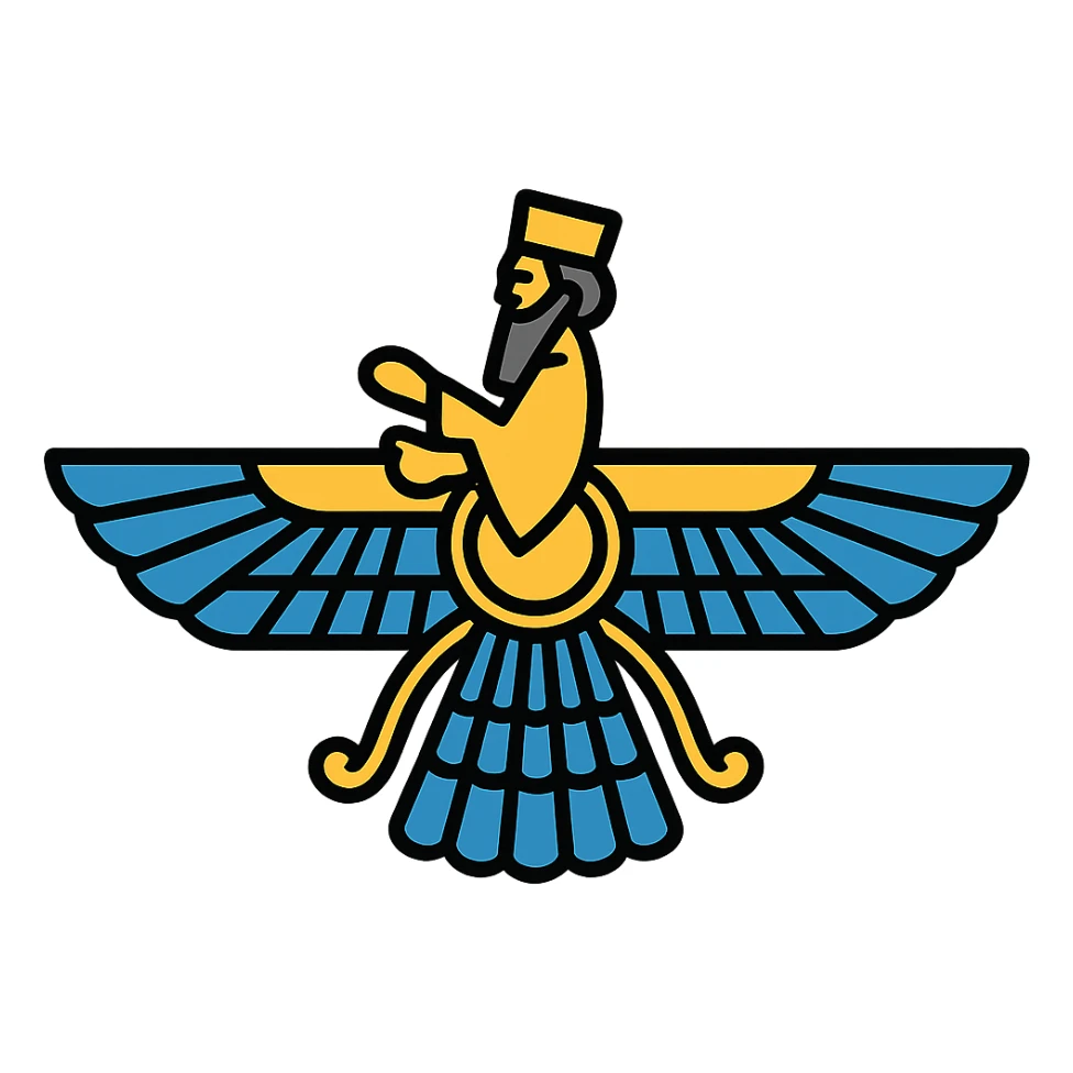 Cyrus the Great foruhar symbol, color outlined icon style, subtle gold and blue accents sticker