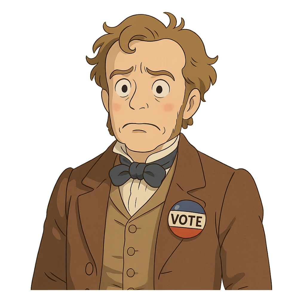 confused face with 1840s American clothing, subtle historical details, election theme sticker
