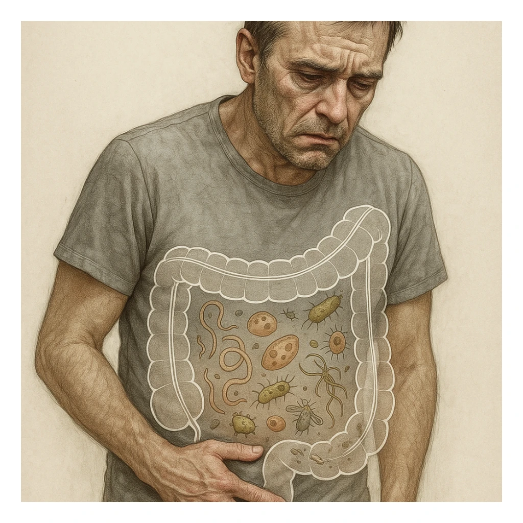 Realistic style with medical elements of a middle-aged man, tired and tense face, hand on lower abdomen, sunken eyes, dull skin. Transparent illustrations on the abdomen of parasites and bacteria in imbalance, schematic intestine as in a medical study. sticker