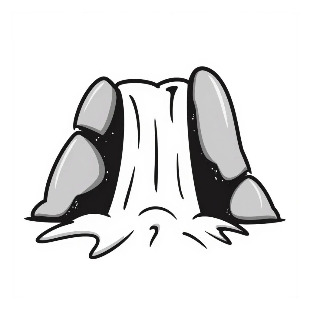 simple doodle style waterfall with black lines, water and rocks sticker