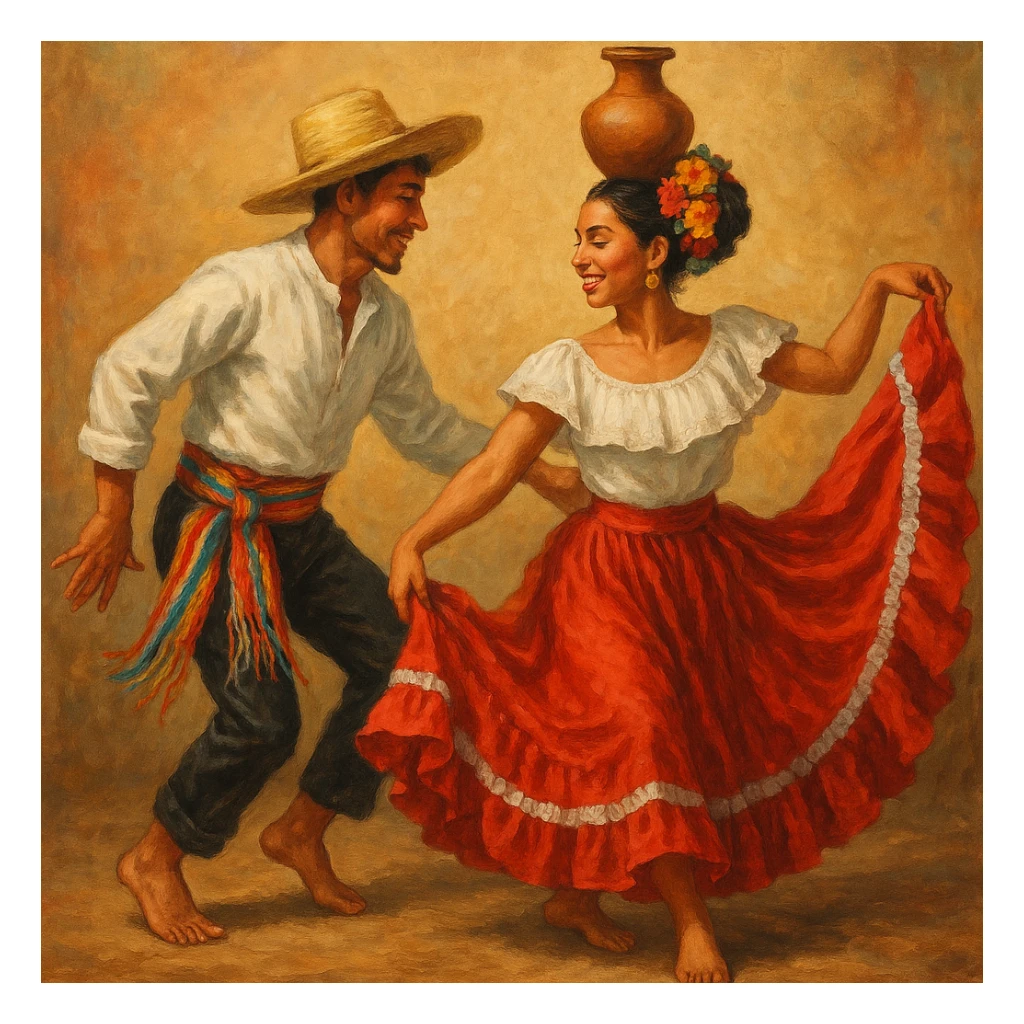 folkloric dancers: barefoot man with straw hat, white shirt, black pants, color striped sash, dancing with barefoot woman in red folk skirt, white blouse, updo hair, flower headdress, balancing pottery vase on her head sticker