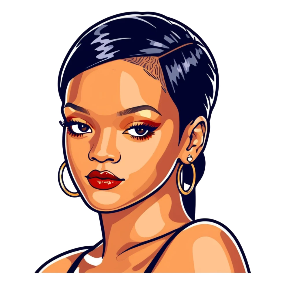 8k, 5000x5000px resolution, clean, smooth, thin lines, ultra detailed, hyperrealism, celebrity, best selling singer, and director of fenty, 2025, Rihanna. Glossy appearance, vivid colors, recent.  sticker