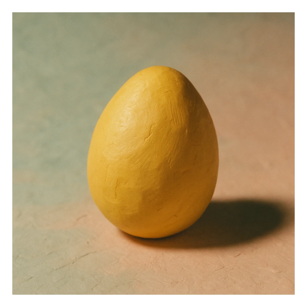 A golden egg in claymation style with a matte, plasticine texture, visible fingerprints, and pastel colors. sticker