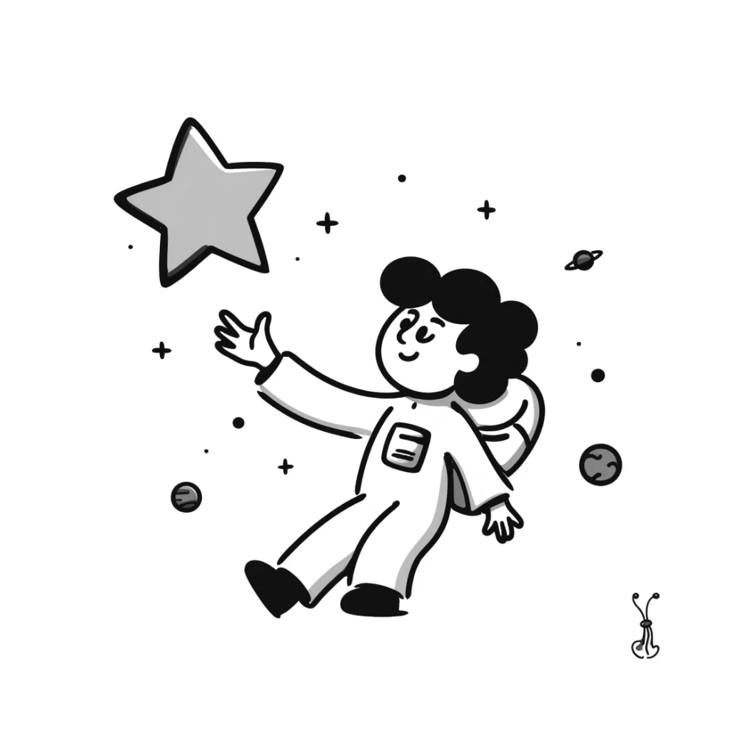 A hand-drawn whimsical space scene with stars and planets sticker