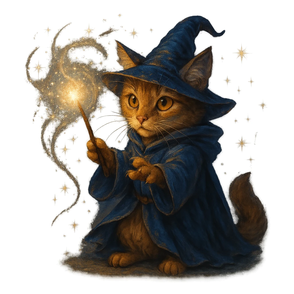 wizard cat casting a spell with sparkles around, magical fantasy style sticker