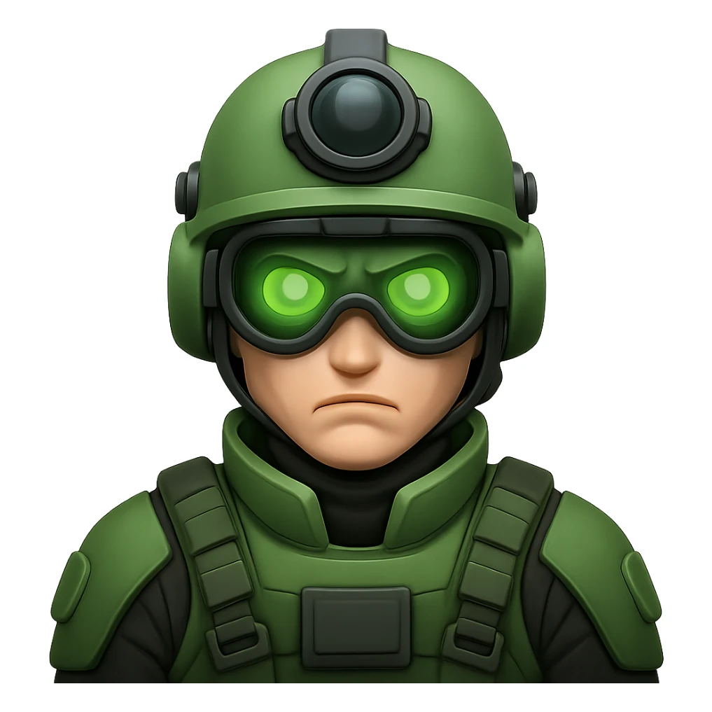 Change to a different, distinctive modern helmet design with night vision goggles, keep white-skinned male soldier, green gear, cool and brutal style, in emoji style, no background. sticker