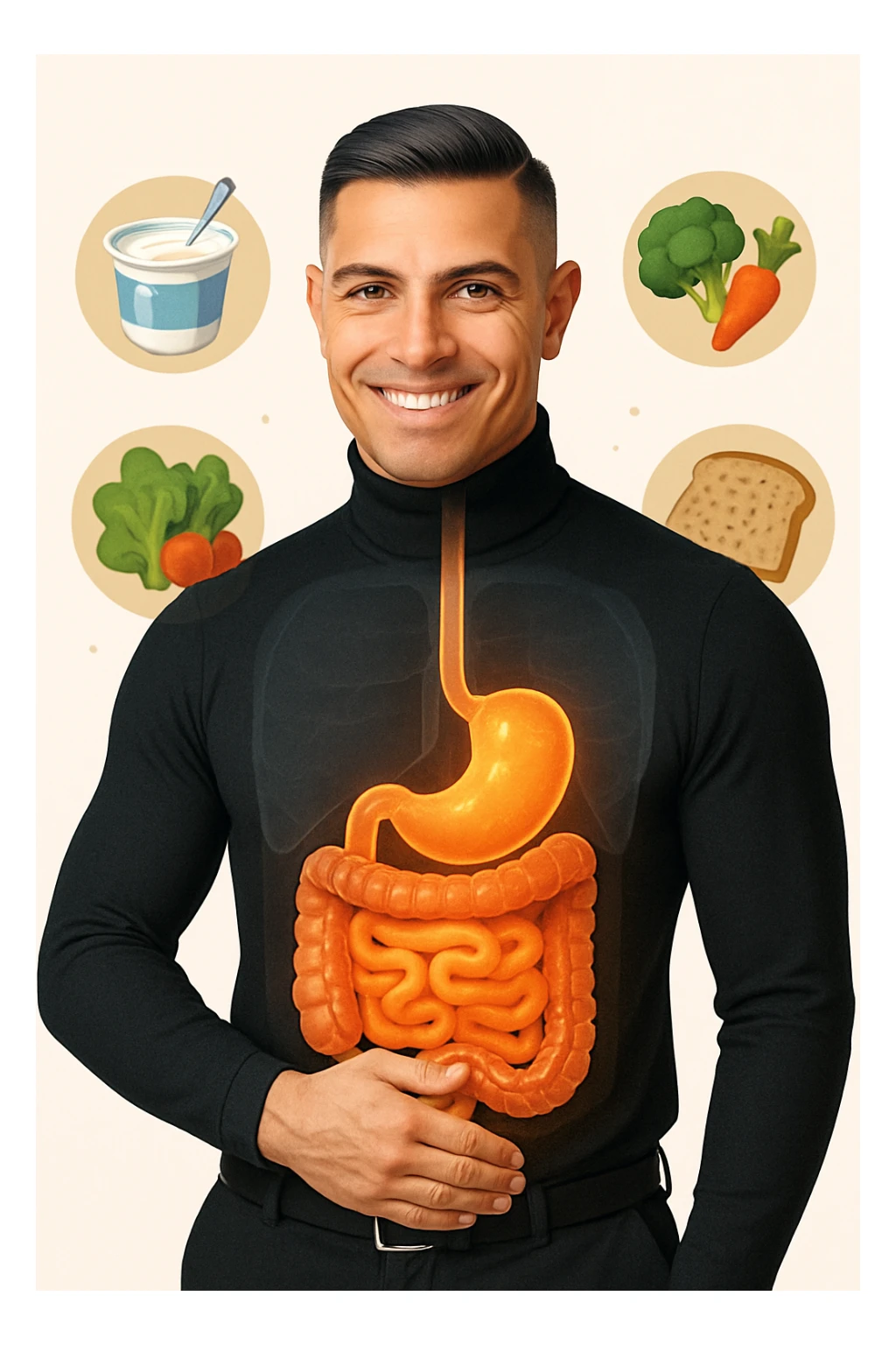 a fit, smiling man stands confidently with one hand on his abdomen. A transparent overlay reveals a healthy, detailed digestive tract with a glowing, vibrant intestine. Around him, icons of healthy foods like yogurt, vegetables, and whole grains float, symbolizing good gut health. The background is clean and bright, with an educational mood. sticker