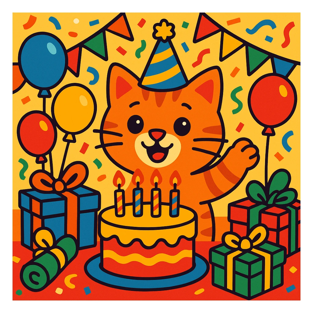 birthday party scene with colorful decorations, balloons, confetti, a large birthday cake, gifts, and a festive atmosphere, featuring a ginger tabby kitten wearing a birthday hat as the main character sticker
