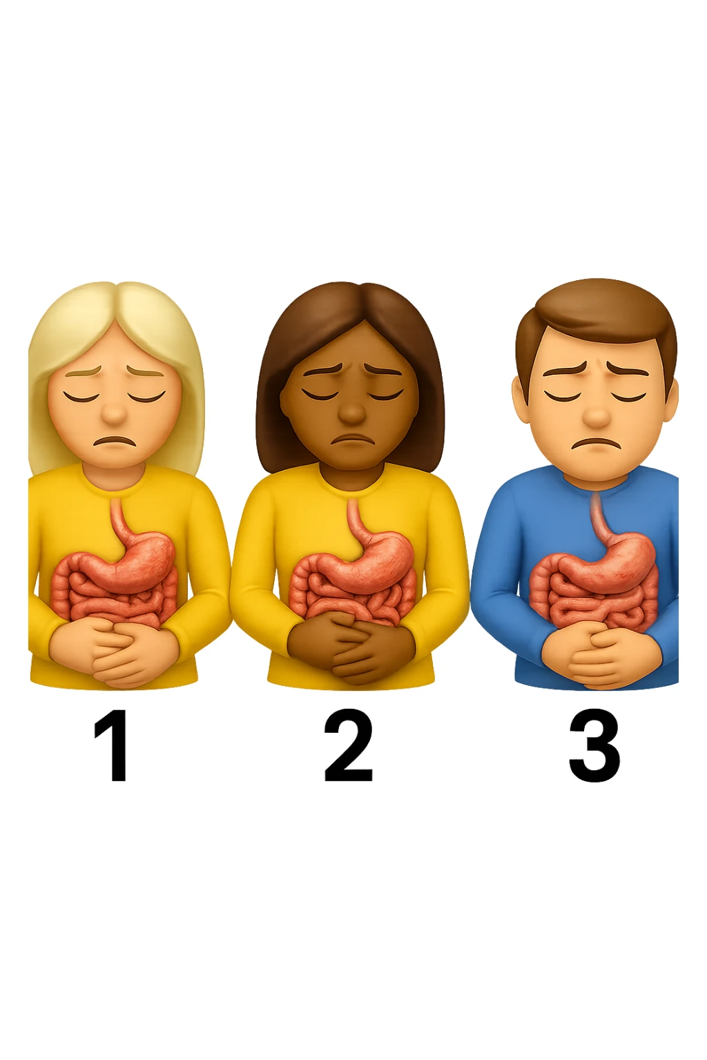 emoji stile iphone di 3 persone, due donne e un uomo, con intestino realistico e mal di pancia, sulle donne ci sono i numeri 1, 2 e sull'uomo il 3, iperrealistico 4k sticker