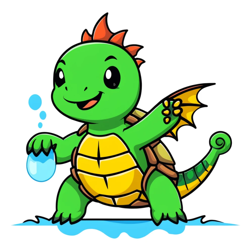 A menacing turtle with spiked shell, dragon-like wings spread wide, fangs bared, sharp claws extended, shooting water and steam sticker
