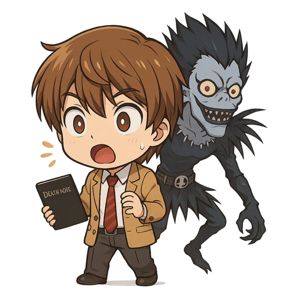chibi style Light Yagami from Death Note surprised expression, Ryuk in the background, brown hair, school uniform sticker